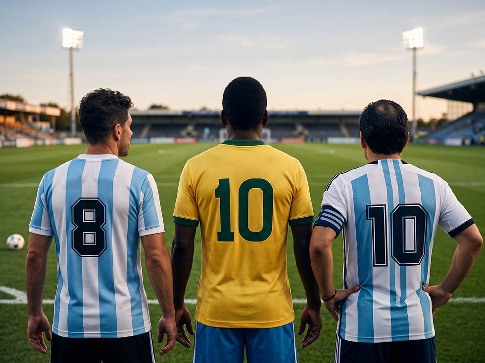 Three soccer players from behind on a field; two in blue-striped jerseys numbered 8 and 10, one in yellow numbered 10, under stadium lights.