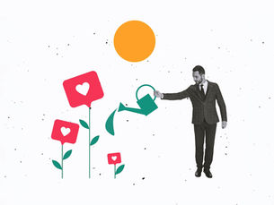 Man in suit waters pink heart-shaped flowers with a green can. A bright orange sun is in the background. Header image related to the blog post "Scaling your business with community branding"
