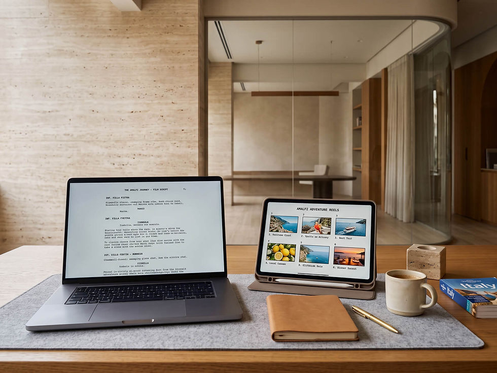 Laptop with a film script next to a tablet showing travel video storyboards.