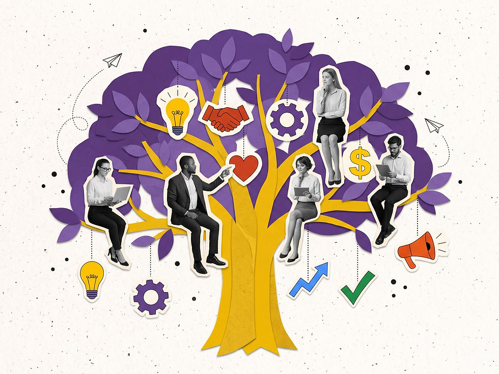 Teamwork collage with people using laptops around a purple-and-gold tree, plus icons for ideas, growth, finance, and success.