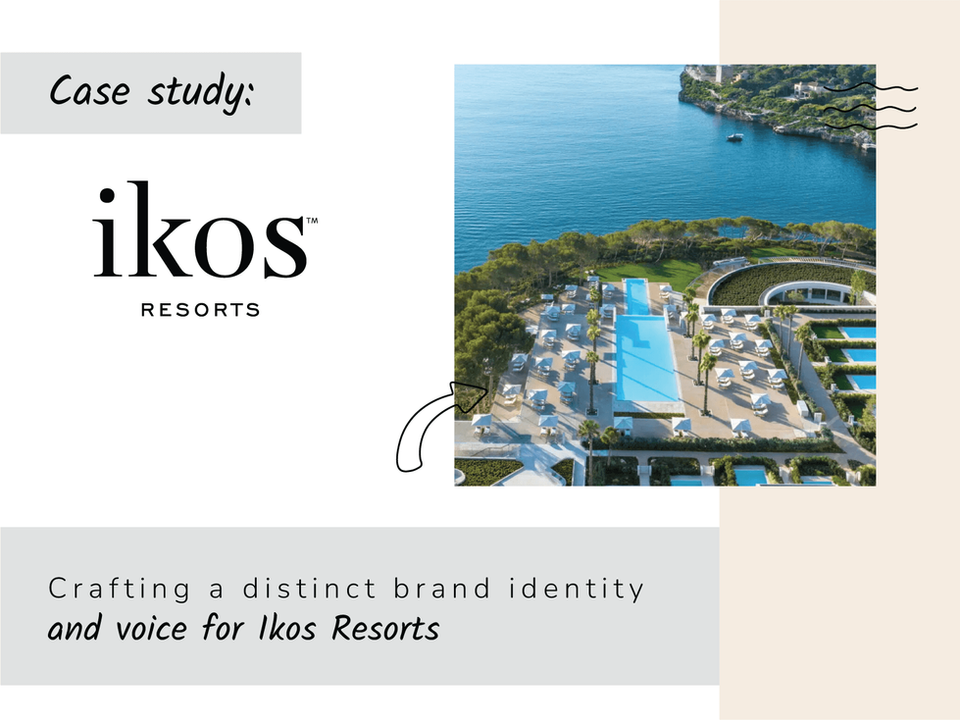 A marketing case study for Ikos Resorts. The logo is the word "ikos" in a black serif font with "RESORTS" underneath. The photo on the right is an aerial view of a luxurious resort complex with a large swimming pool, white lounge chairs, and lush greenery, all overlooking the ocean. The title below reads: "Crafting a distinct brand identity and voice for Ikos Resorts."