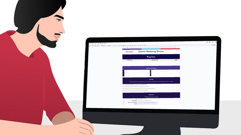 Illustration of a person in a red shirt focused on a computer displaying a document titled "Content Marketing Services" in an office setting.