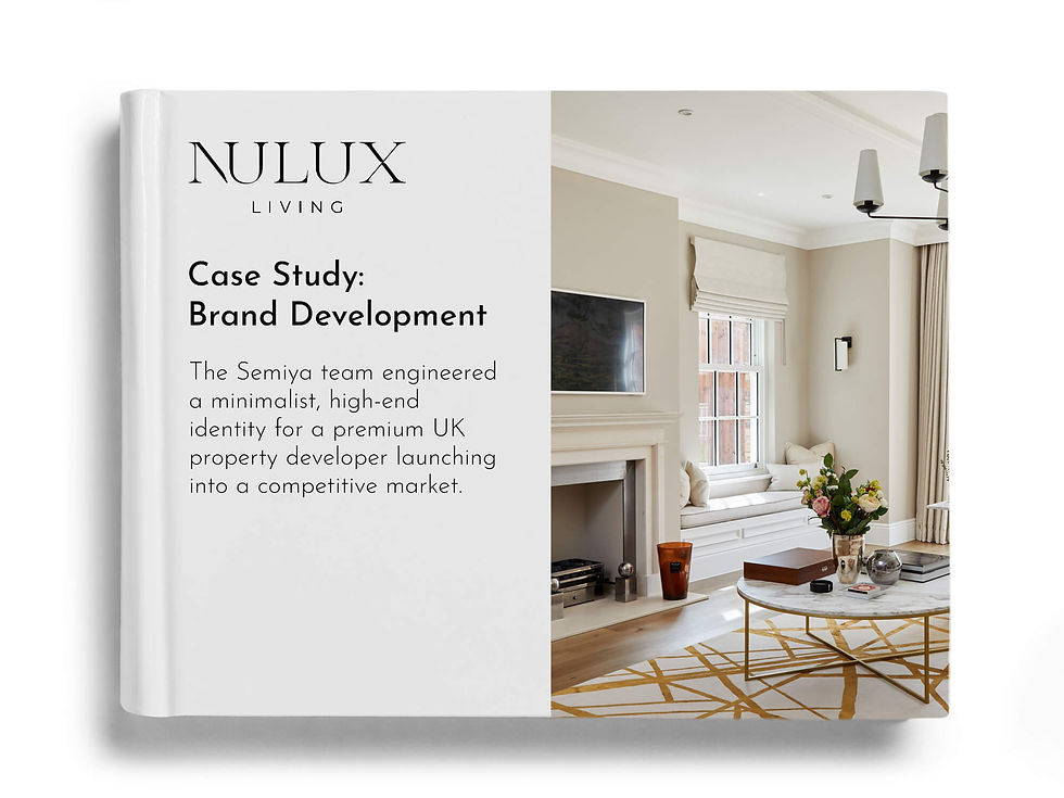 Book cover for NULUX Living case study on brand development beside a bright beige living room with flowers and a marble coffee table. Header image related to the case study for NULUX.