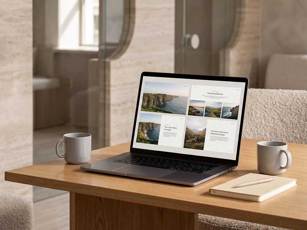 Open laptop on a desk showing a digital travel destination guidebook with coastal landscape images.