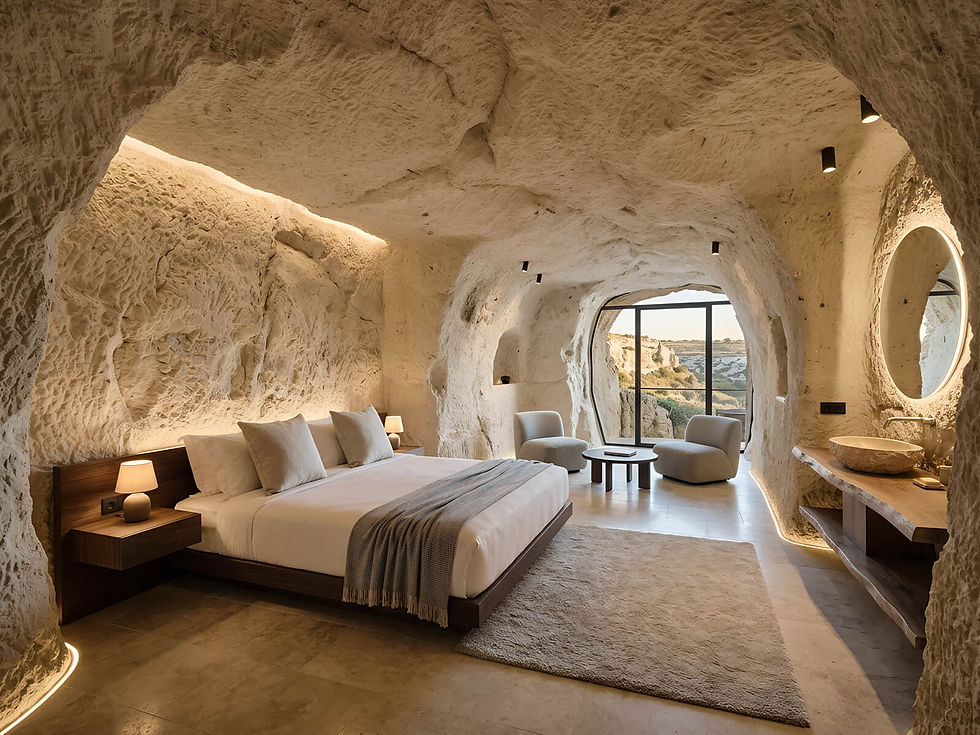 Modern cave bedroom with white stone walls, bed, chairs, warm lighting, and a large window overlooking cliffs and sea.