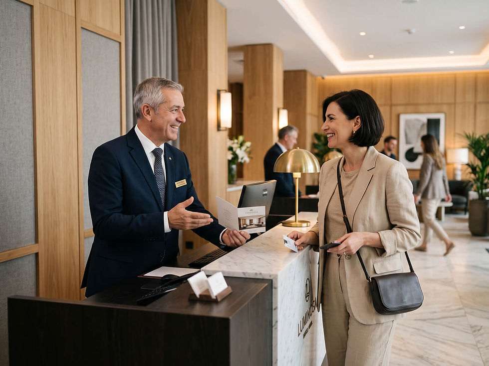Smiling hotel concierge greets a woman at a marble reception desk in a warm wood-paneled lobby, with LUMINOSA visible on the desk.