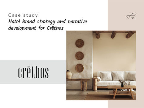 Minimal hotel brand case study poster for Crēthos, with cozy beige rustic living room photo and elegant black typography. Header image related to the case study for Crēthos.