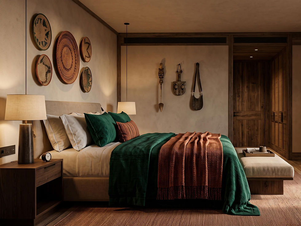 Cozy boho bedroom with a neatly made bed, green and rust blankets, woven wall art, lamps, and warm wooden accents. Header image related to the blog post "The death of beige luxury"