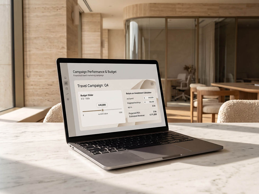 Laptop on a desk showing a campaign performance budget calculator and ROI metrics for scalable Google Ads spend.