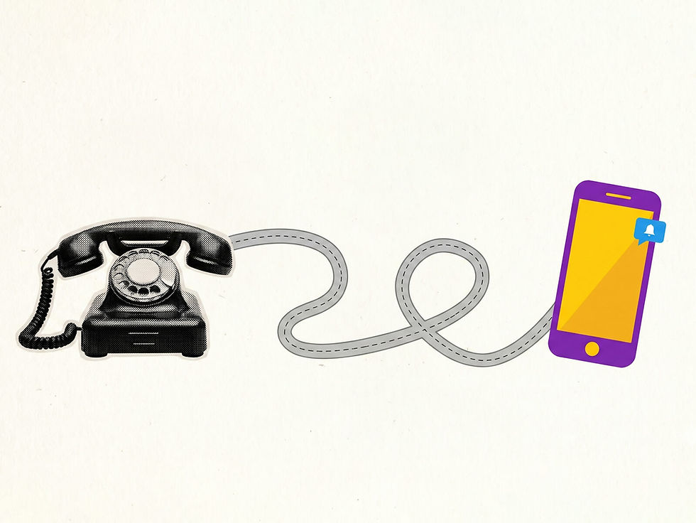 Old rotary phone connected by a cord to a colorful smartphone with a notification icon on a white background