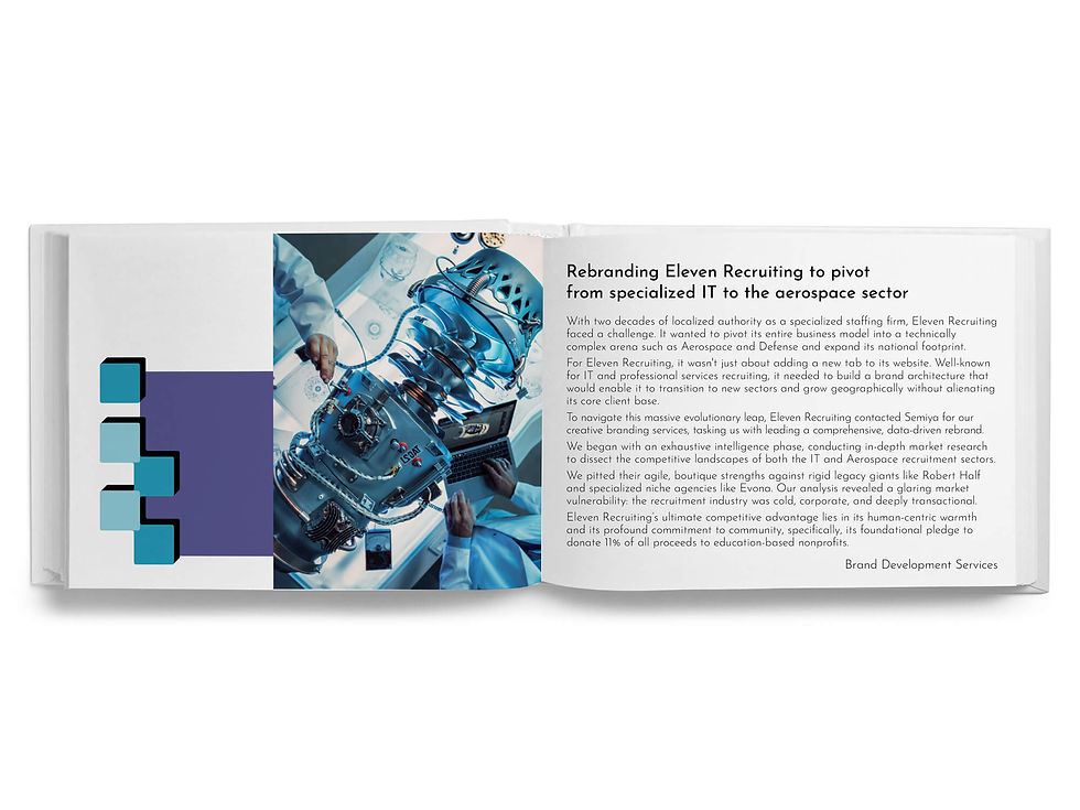 Open brochure with aerospace robot image and headline Rebranding Eleven Recruiting to pivot from IT to aerospace sector