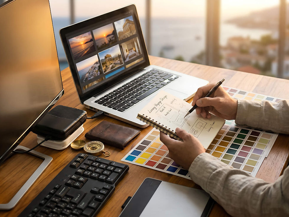 A web designer sketching wireframes for a luxury travel website alongside a laptop and color swatches.