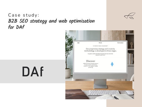 Desktop monitor in a calm office workspace with branding text. Header image for the case study for DAf agency.