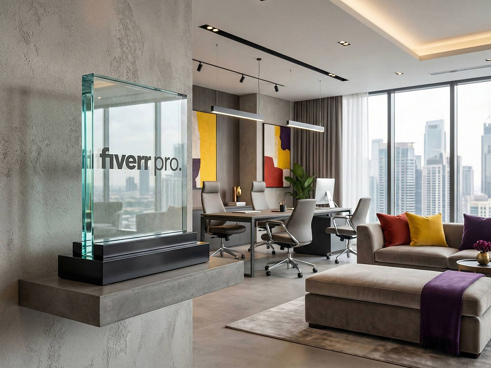 Glass Fiverr Pro recognition plaque in a luxury high-rise office overlooking a city skyline.