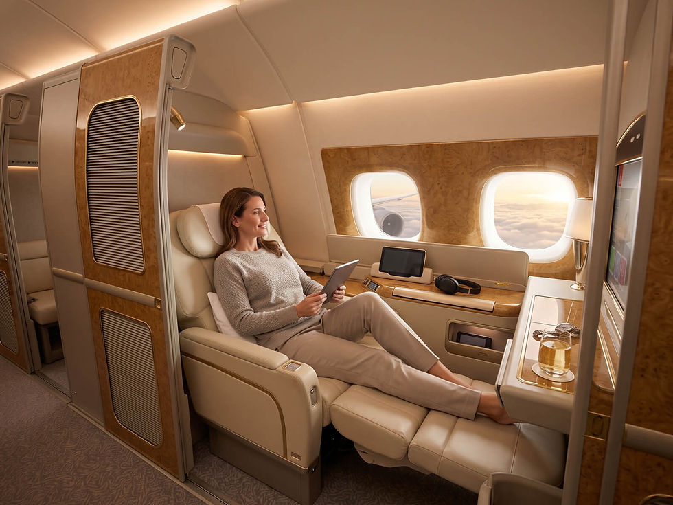 Woman holding a tablet while relaxing in a luxury first-class airplane suite cabin.