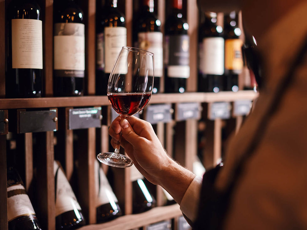 Hand holding a glass of red wine in front of a rack of wine bottles. Warm lighting, wooden shelves, labels visible but unreadable.