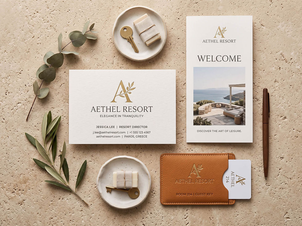Aethel Resort welcome kit on stone background with eucalyptus, keys, brochure, and Room 214 guest key; calm luxury vibe.