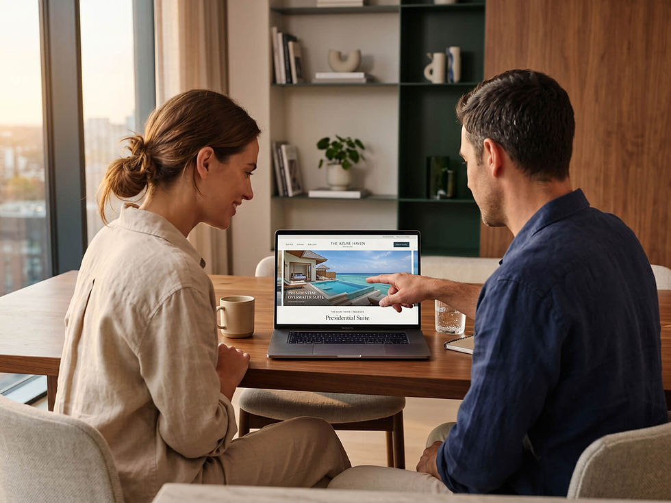 Couple in a warm home office reviews a laptop showing The Azure Haven resort page and Presidential Suite, with a pointed gesture.