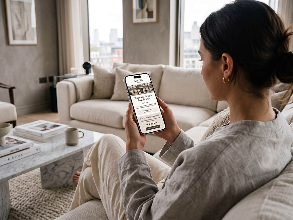 Woman resting on a couch while viewing an automated hotel post-stay thank-you email on her smartphone.