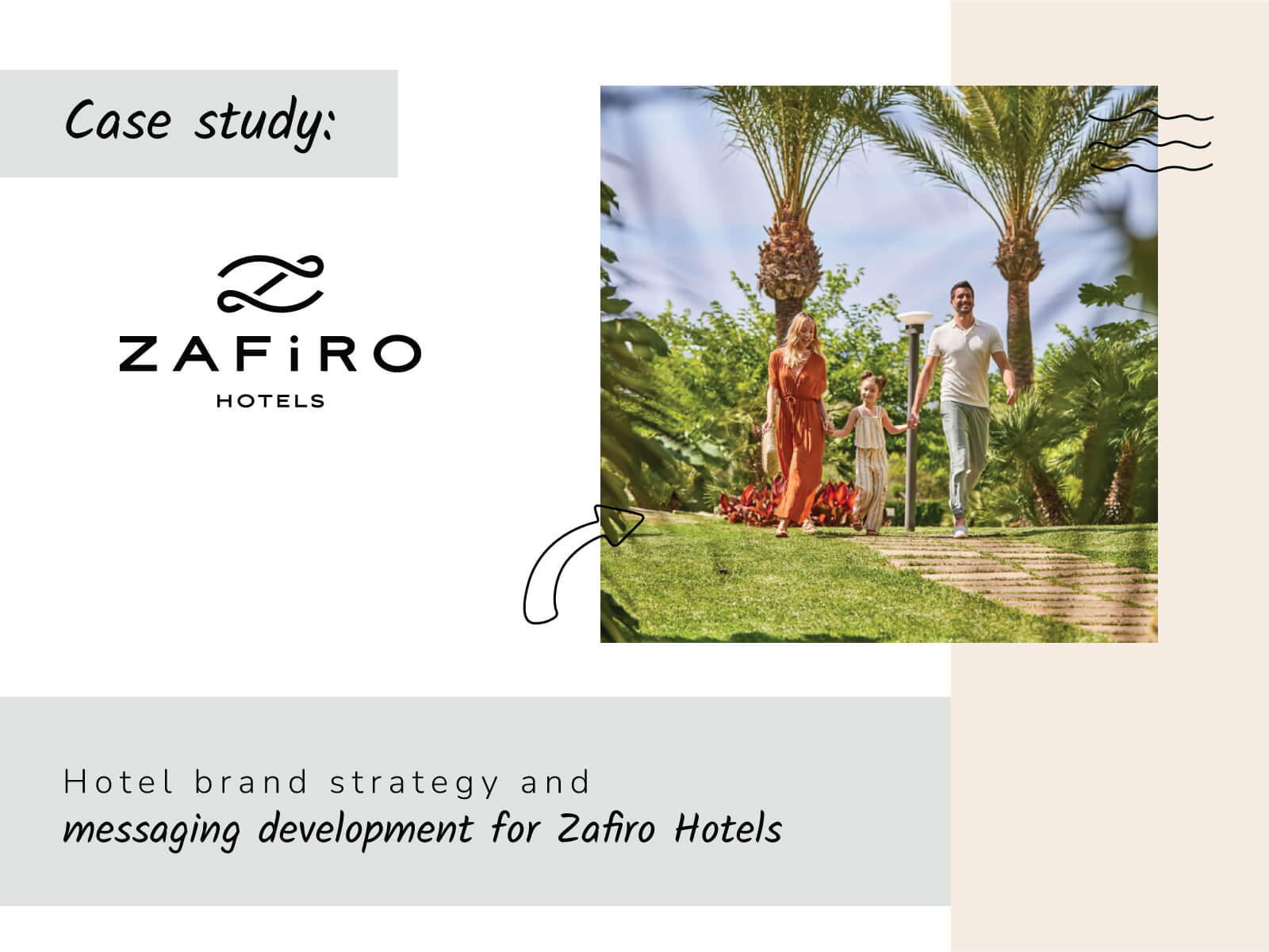 A case study slide for Zafiro Hotels featuring a family walking hand-in-hand down a sunny, paved pathway lined with lush greenery and tall palm trees. The text reads: "Hotel brand strategy and messaging development for Zafiro Hotels."
