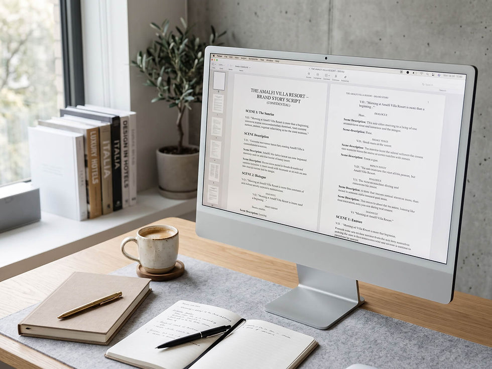 Computer monitor displaying a brand story video script document for a luxury resort.