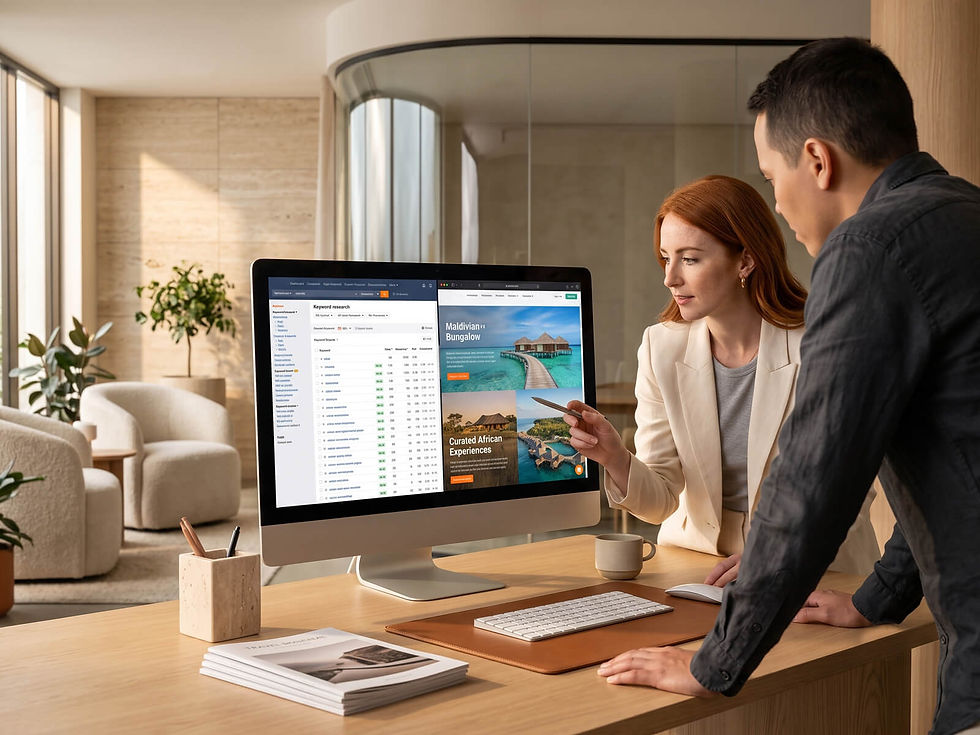 Marketers analyzing digital strategy and hotel keyword research on a desktop computer.