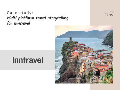 Coastal cliff village photo and title Multi-platform travel storytelling for Innotravel. Header image for the case study for Innotravel.