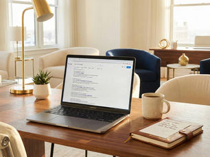 A laptop on a wooden desk in a bright, modern room, displaying Google search results. This header image is for the blog post titled 'How to promote a hotel online: A strategic guide to secure direct bookings.'