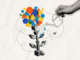 Hand waters abstract flower made of colorful shapes and black-and-white leaves on a white background. Header image related to the blog post "The Evolution of a Brand: How to Grow Without Losing Your Soul"