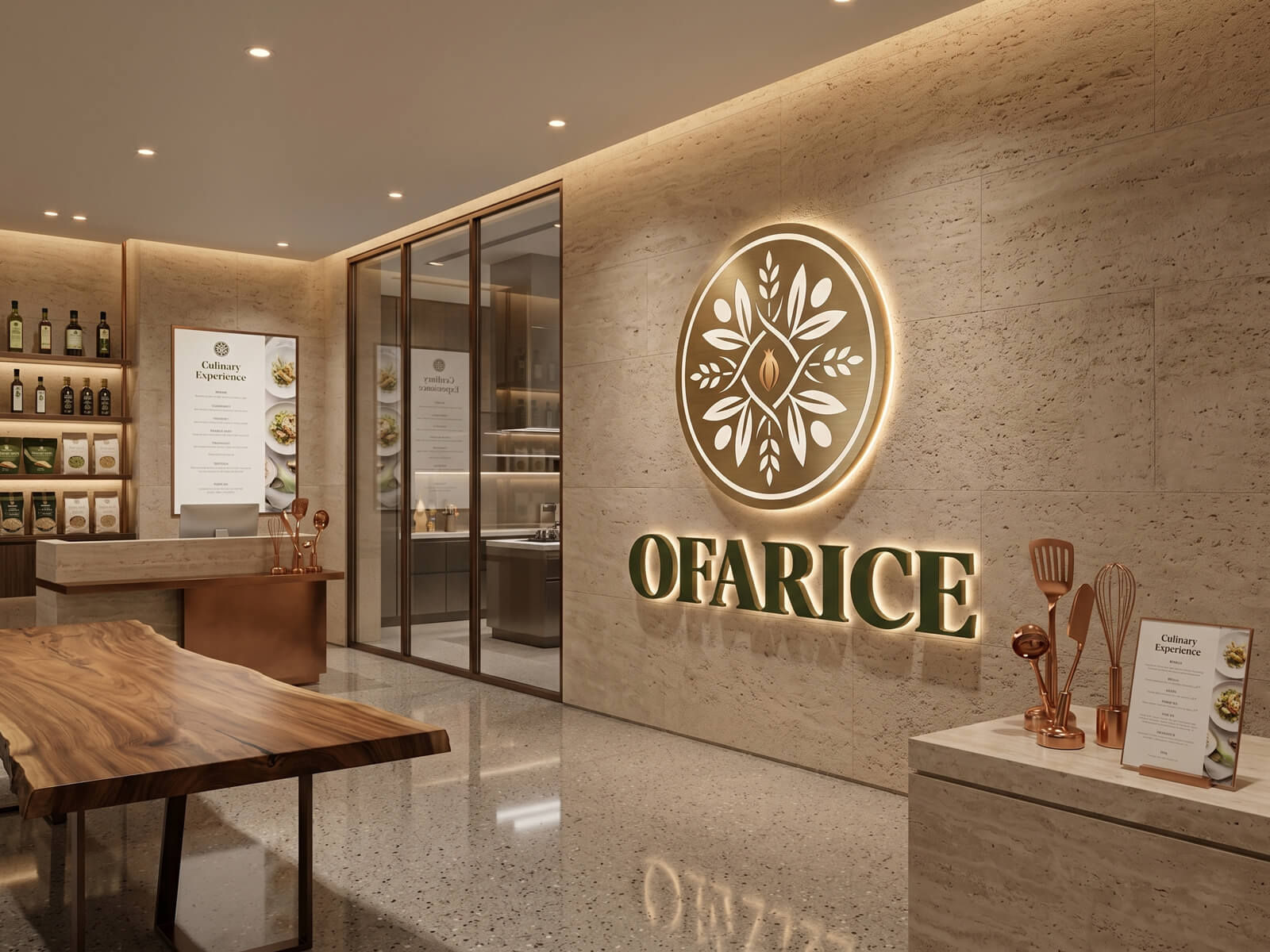 Warmly lit circular Ofarice wheat icon and green text on a stone wall in a high-end gourmet culinary studio.