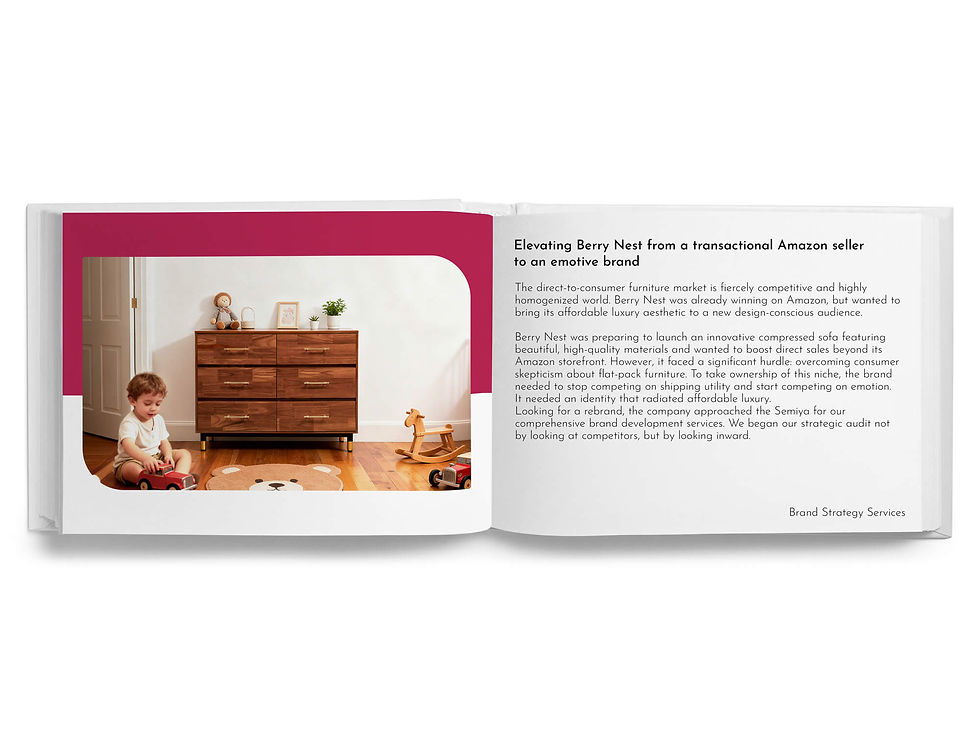 Open brochure with toddler playing on wooden floor beside toy cars; right page reads Elevating Berry Nest from Amazon seller to emotive brand