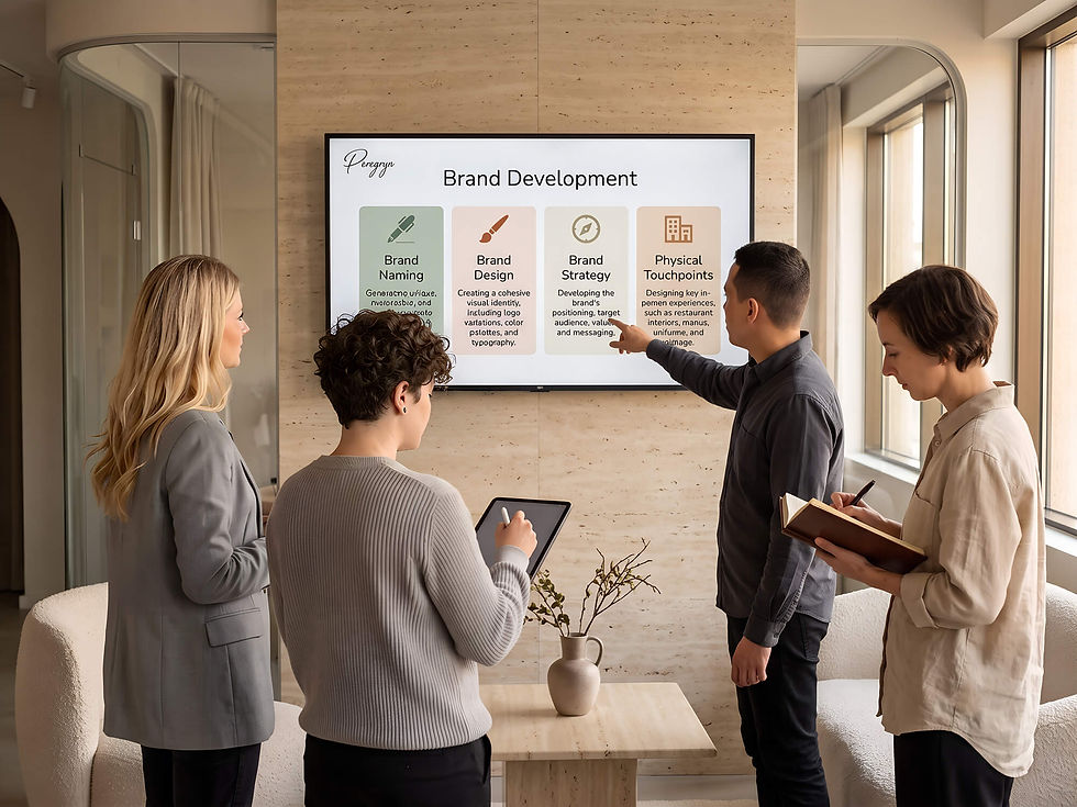 Team of professionals discussing a Brand Development presentation on a large digital screen.