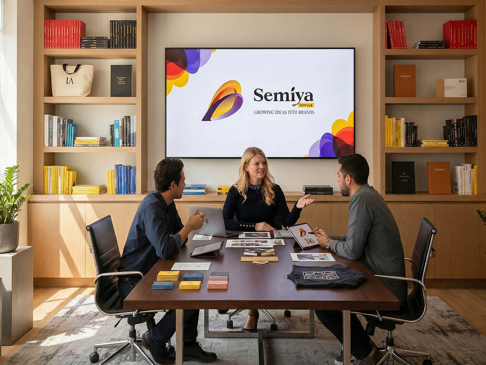Semiya agency team collaborating on brand strategy around a conference table.