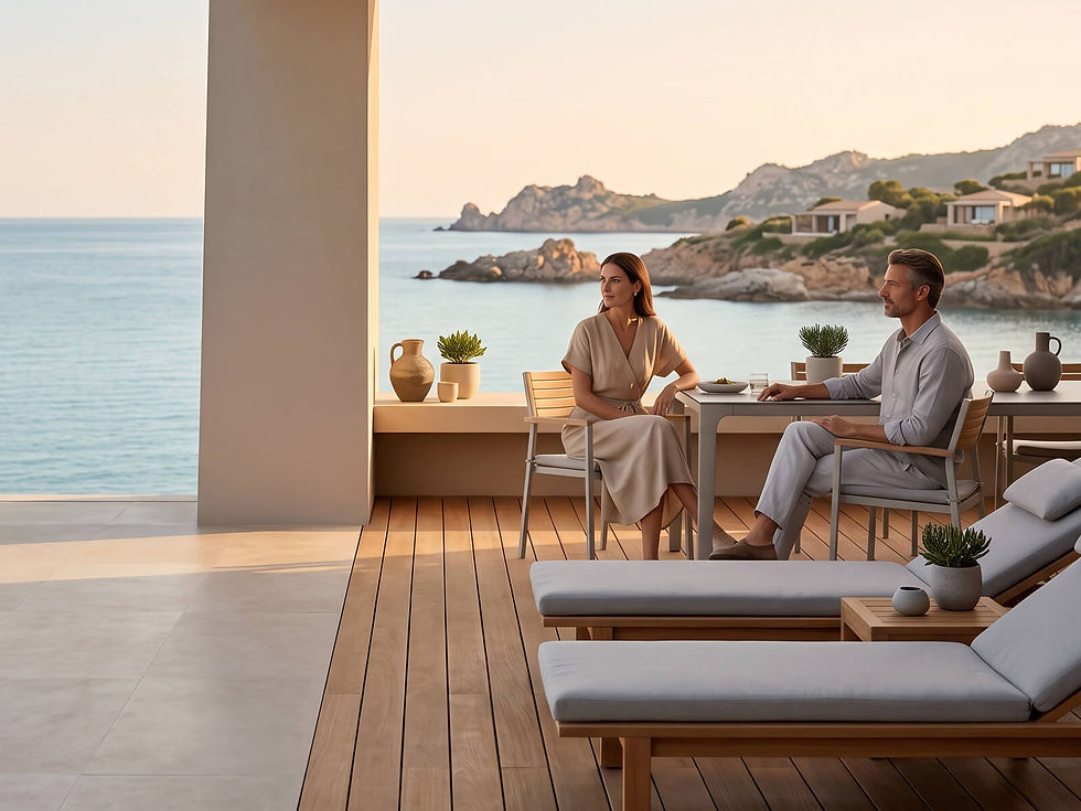 Couple dining on a private luxury villa patio overlooking the ocean during sunset.
