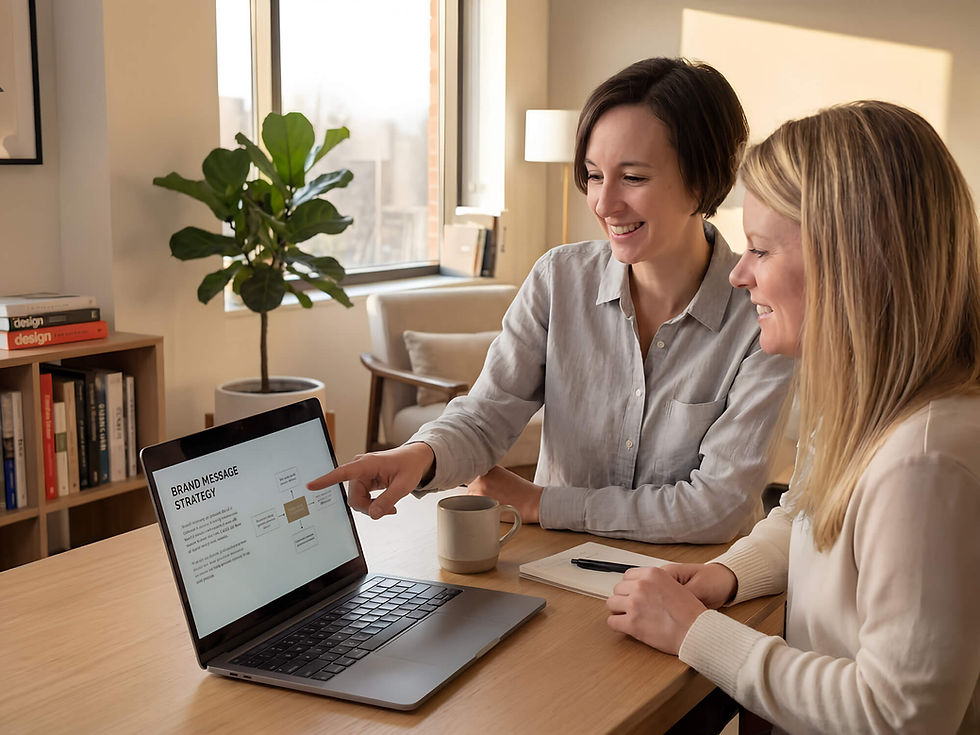 Two marketing professionals reviewing a brand message strategy flowchart on a laptop in a bright office.