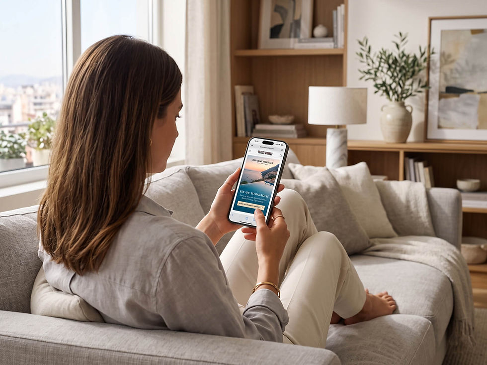 Woman lounging on a sofa looking at a luxury travel mobile ad on her smartphone screen.