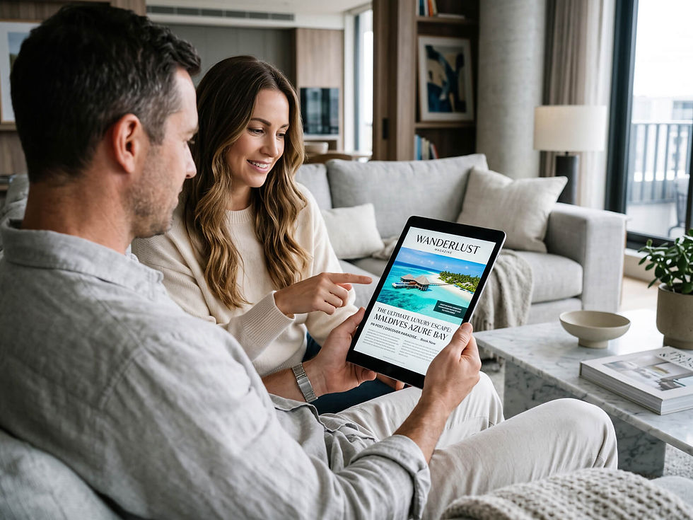 Couple on a sofa smiles at a tablet showing Wanderlust magazine with a Maldives Azure Bay travel spread in a bright living room.