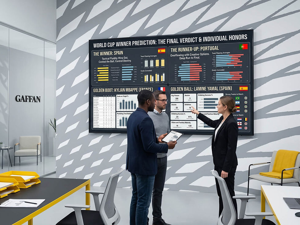 Three coworkers discuss a World Cup prediction board in a modern office, with GAFFAN sign and charts for Spain, Portugal, Mbappe, Yamal. Header image related to the blog post "The 2026 World Cup Preview: What To Expect From This Year’s Tournament"