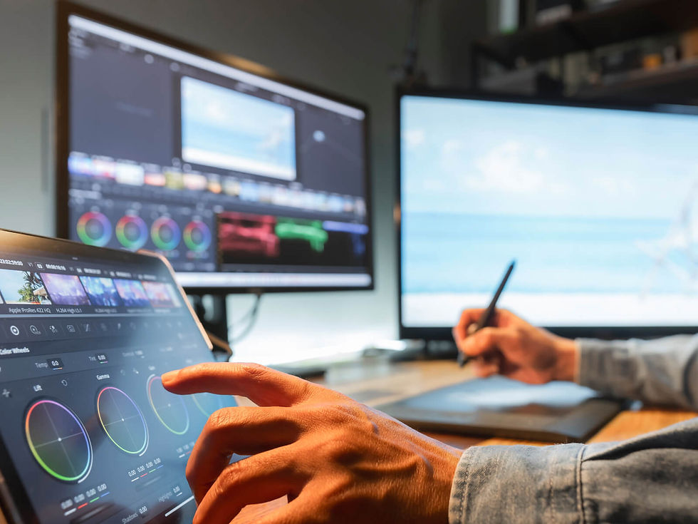 Persona editando video en computadora, usando tableta gráfica. Pantallas muestran software de edición. Ambiente tecnológico y atento.