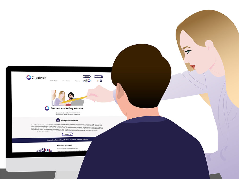 Two people at a computer, one pointing at a website labeled "Content marketing services." Header image related to the blog post "The end of content silos: Building a unified content strategy for today’s B2B buyer"