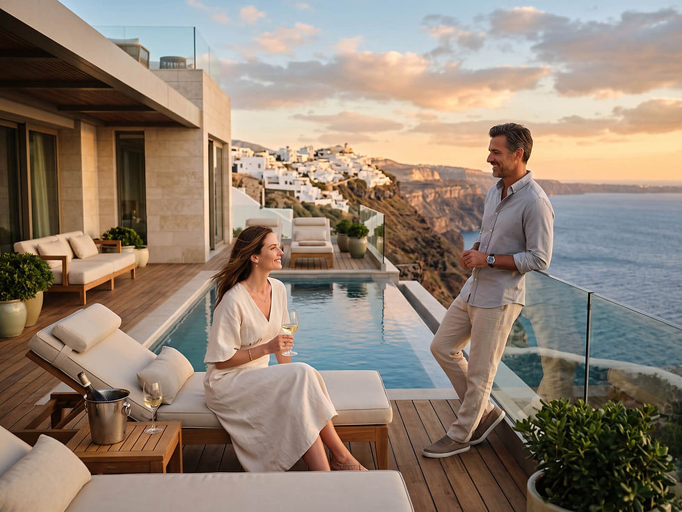 Happy couple enjoying wine by a private infinity pool overlooking the ocean at a luxury resort.