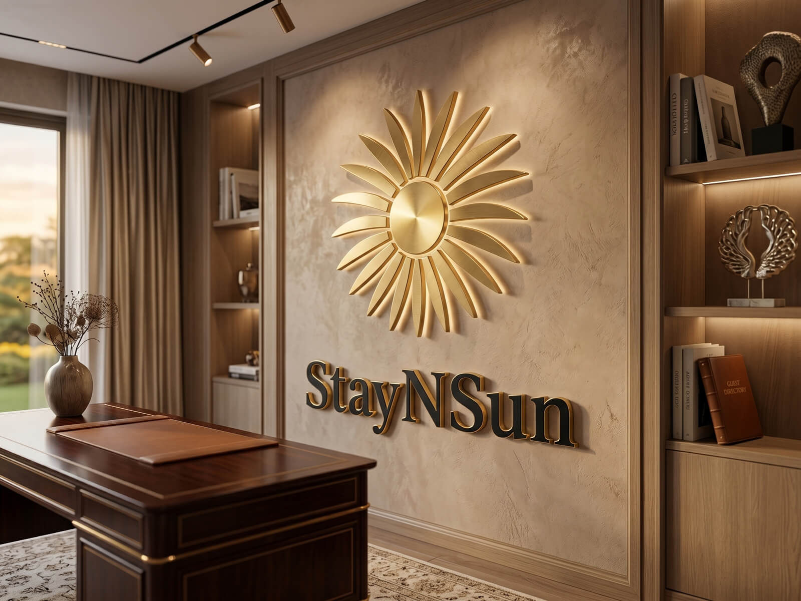 Large gold metallic sun icon and StayNSun 3D typography on a warm textured wall in a luxury executive office.