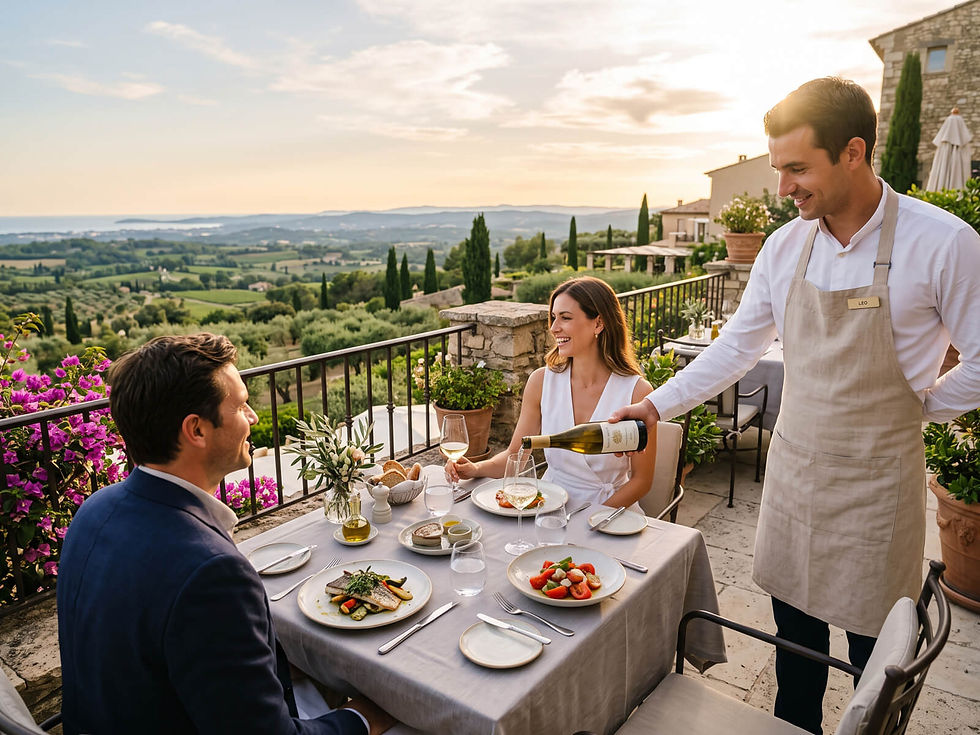 Couple enjoying a sunset dinner on a luxury terrace overlooking vineyards, being served wine by a waiter.