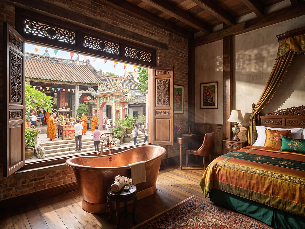 Luxurious bedroom with copper tub overlooking a temple courtyard where monks and visitors gather under colorful flags.