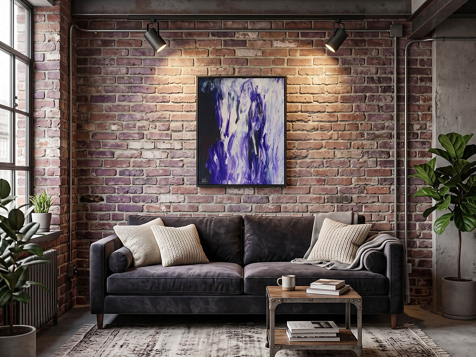 Cozy industrial living room with brick wall, dark sofa, purple abstract art, plants, and a coffee table in warm light.