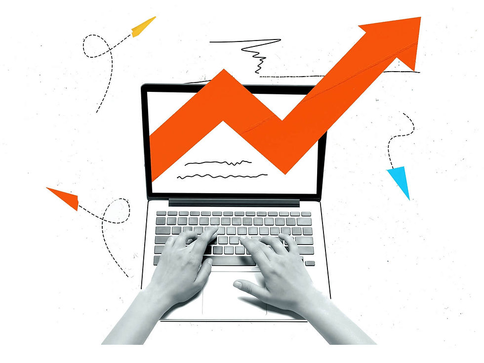 Hands typing on a laptop with a large orange arrow rising diagonally. Doodles and colorful arrows on a white background suggest growth.