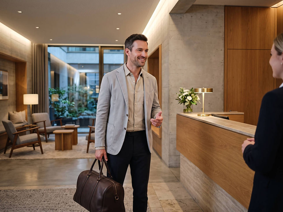 an holding a leather weekender bag checking in at a modern luxury hotel front desk.