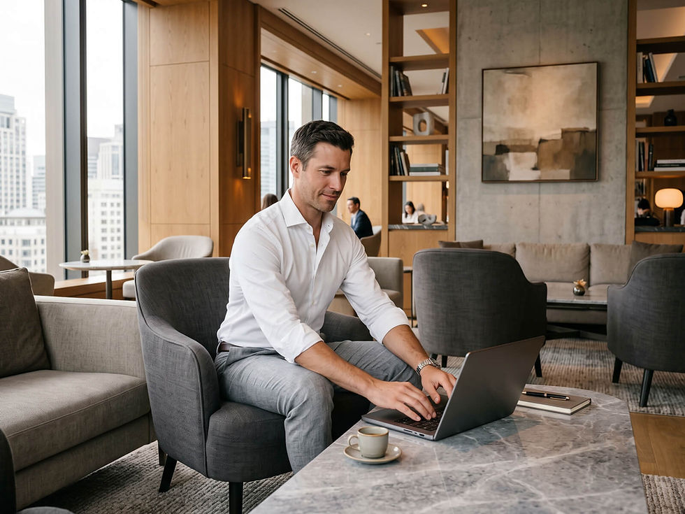 Male professional working on a laptop in a luxury hotel lounge, reflecting guest search intent.
