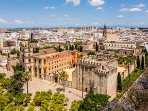 Aerial view of the historic city of Jerez, with stone buildings, palm trees, and orange rooftops. Header image related to the blog post "Eat, Drink, Love: Why Jerez is Spain’s Gastronomic Capital for 2026"