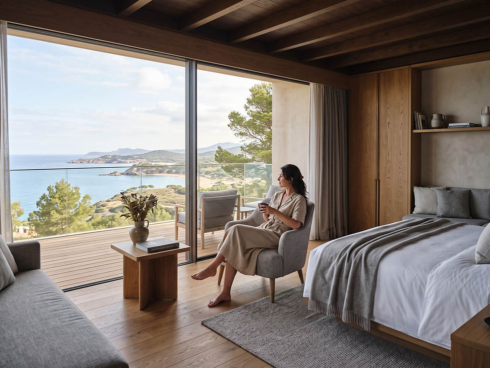 Woman in a cozy seaside bedroom sits with a cup, gazing at a bright coastal view through large windows.
